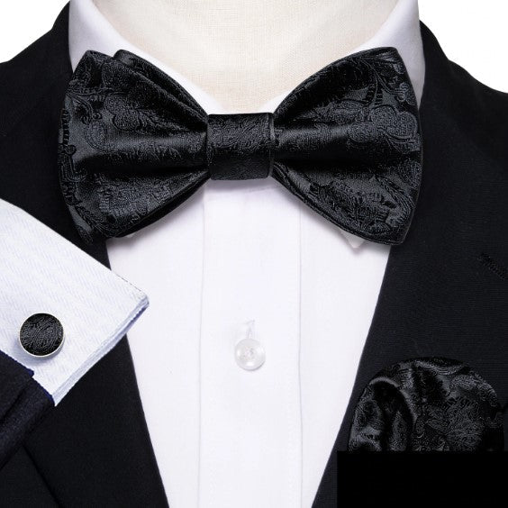 Black Paisley Silk Bow Tie Set with Pocket Square & Cufflinks - GentCrest