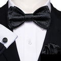 Black Paisley Silk Bow Tie Set with Pocket Square & Cufflinks - GentCrest