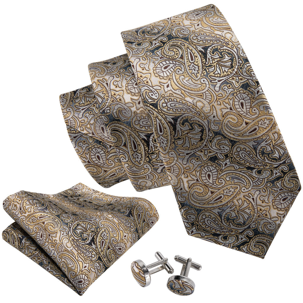 Yellow Gray Paisley Silk Tie Set - GentCrest - View 3