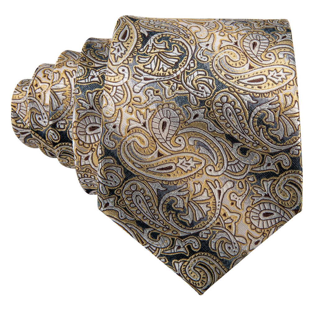Yellow Gray Paisley Silk Tie Set - GentCrest - View 4
