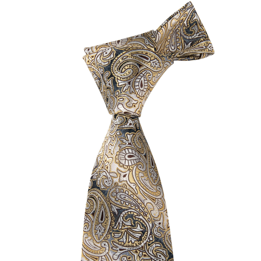 Yellow Gray Paisley Silk Tie Set - GentCrest - View 2