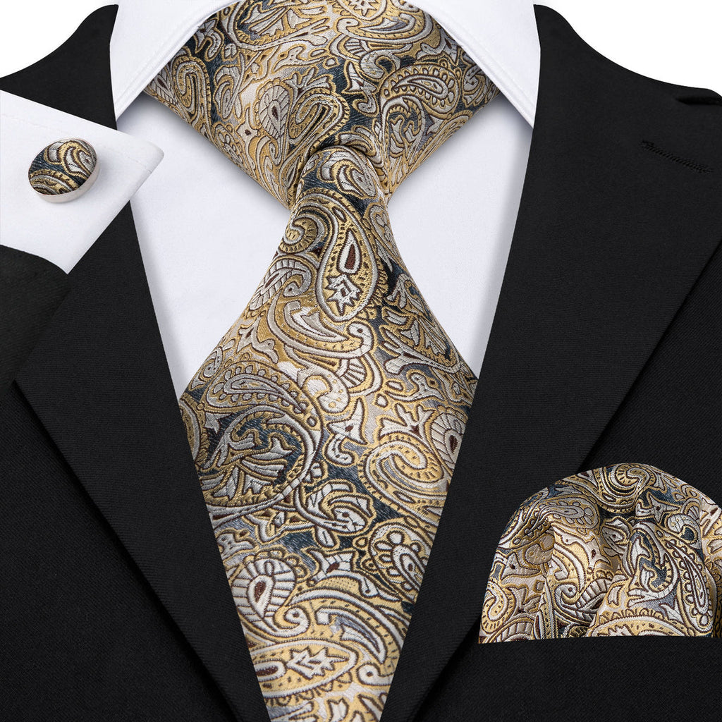 Yellow Gray Paisley Silk Tie Set - GentCrest