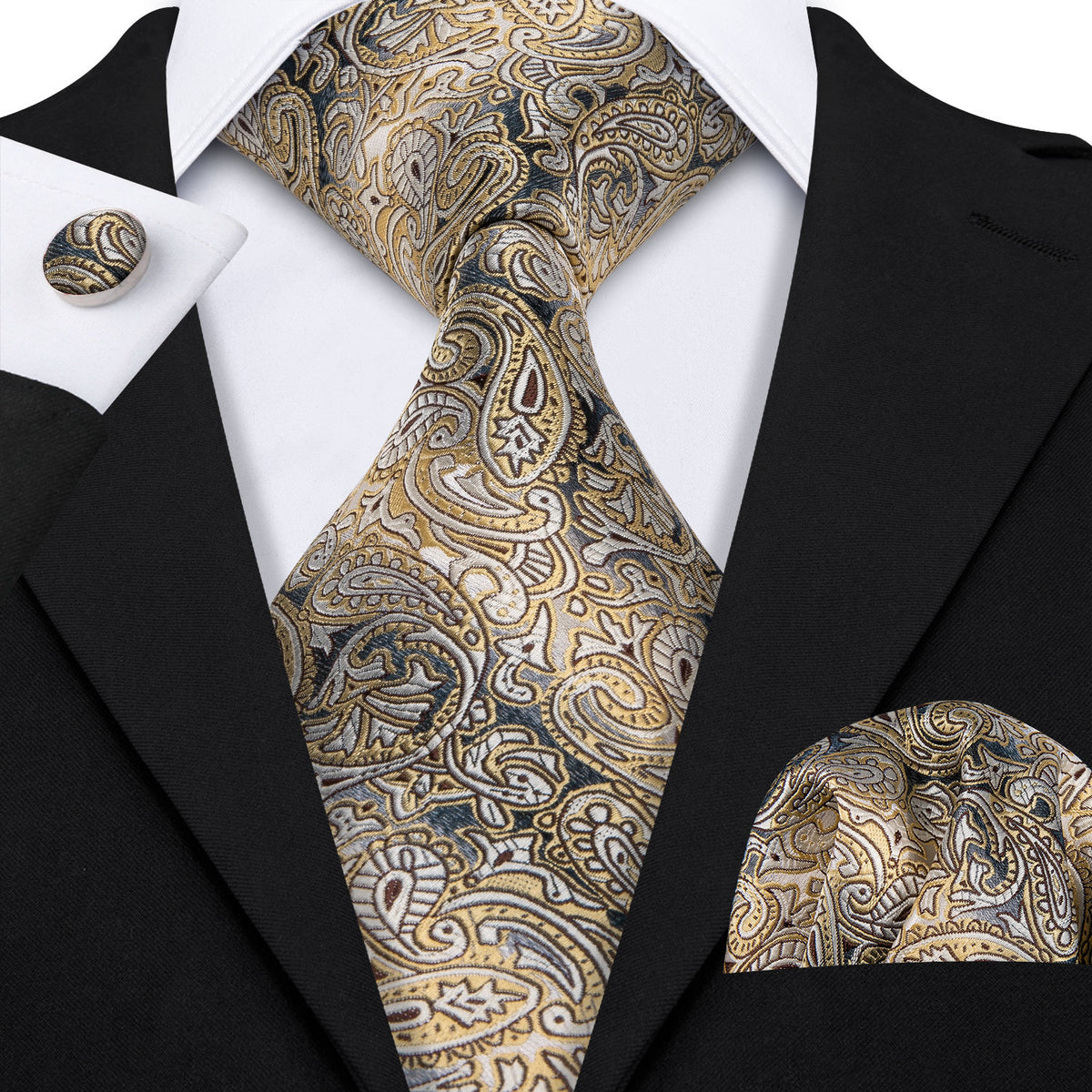 Yellow Gray Paisley Silk Tie Set - GentCrest