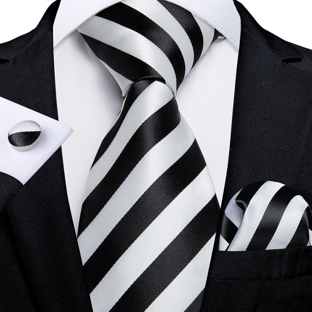 Black and White Striped Silk Tie Set - GentCrest
