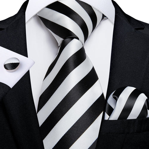 Black and White Striped Silk Tie Set - GentCrest