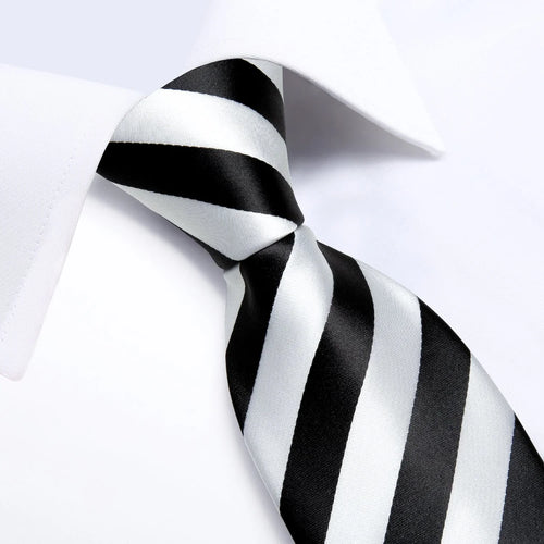 Black and White Striped Silk Tie Set - GentCrest - View 2