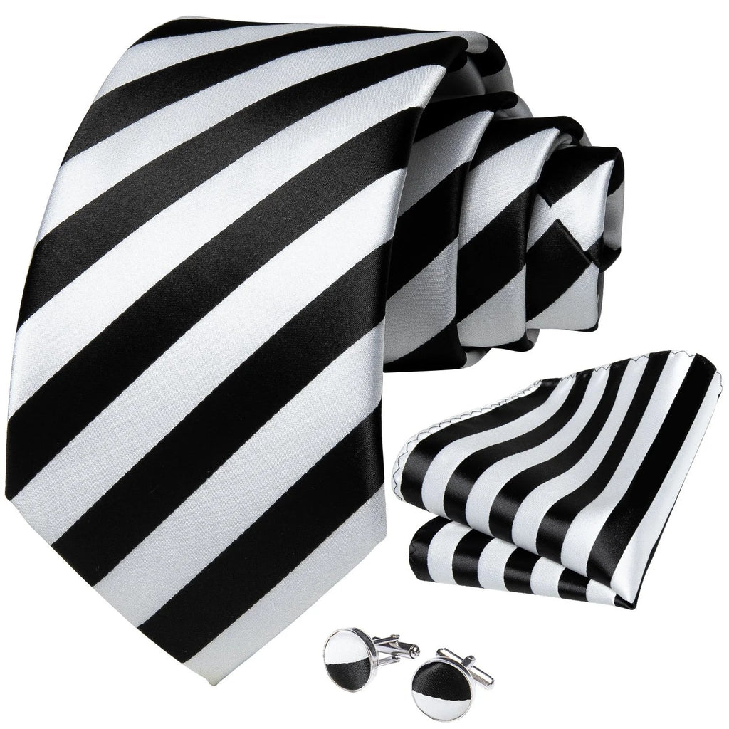 Black and White Striped Silk Tie Set - GentCrest - View 3