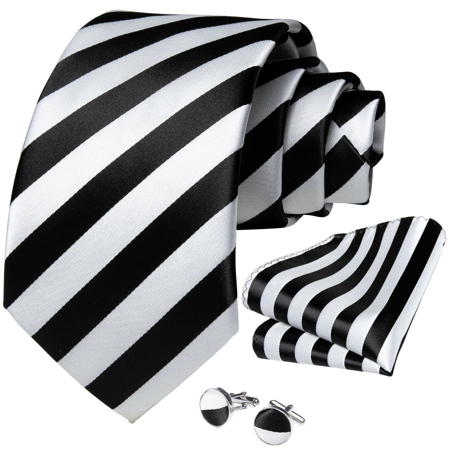 Black and White Striped Silk Tie Set - GentCrest - View 3