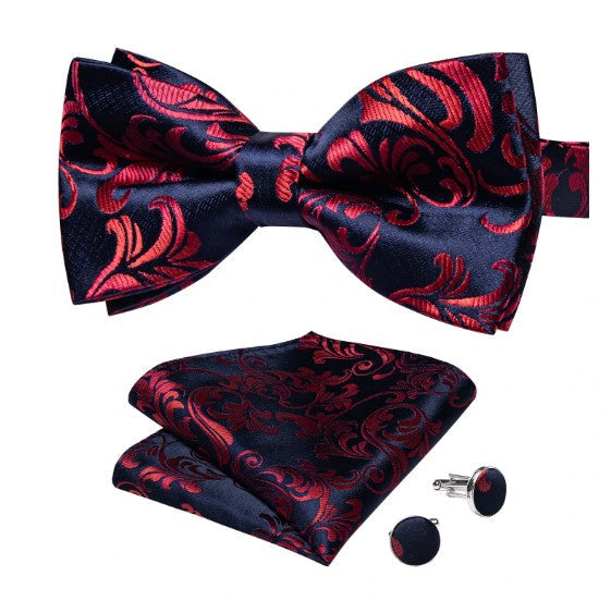 Fashion Silk Bow Tie Set with Pocket Square & Cufflinks - GentCrest - View 2