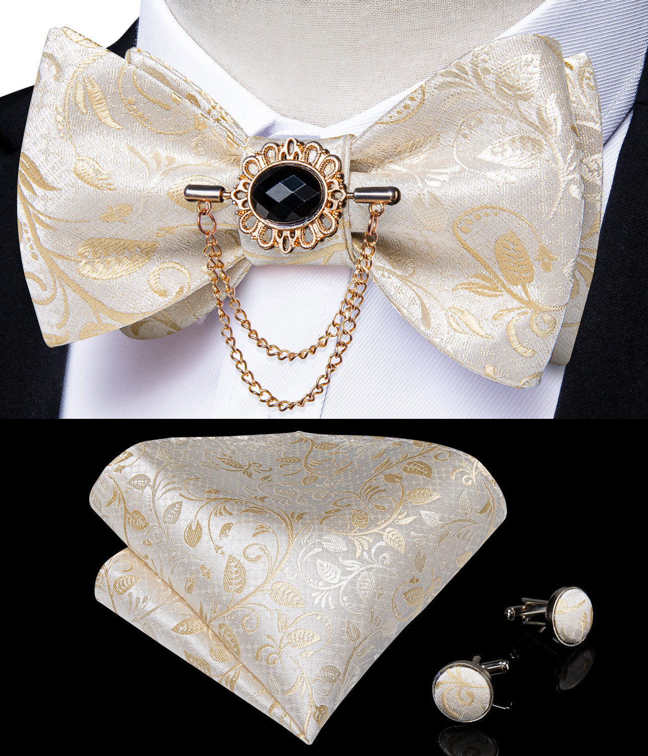 GentCrest Champagne Floral Bowtie Set - Image 1