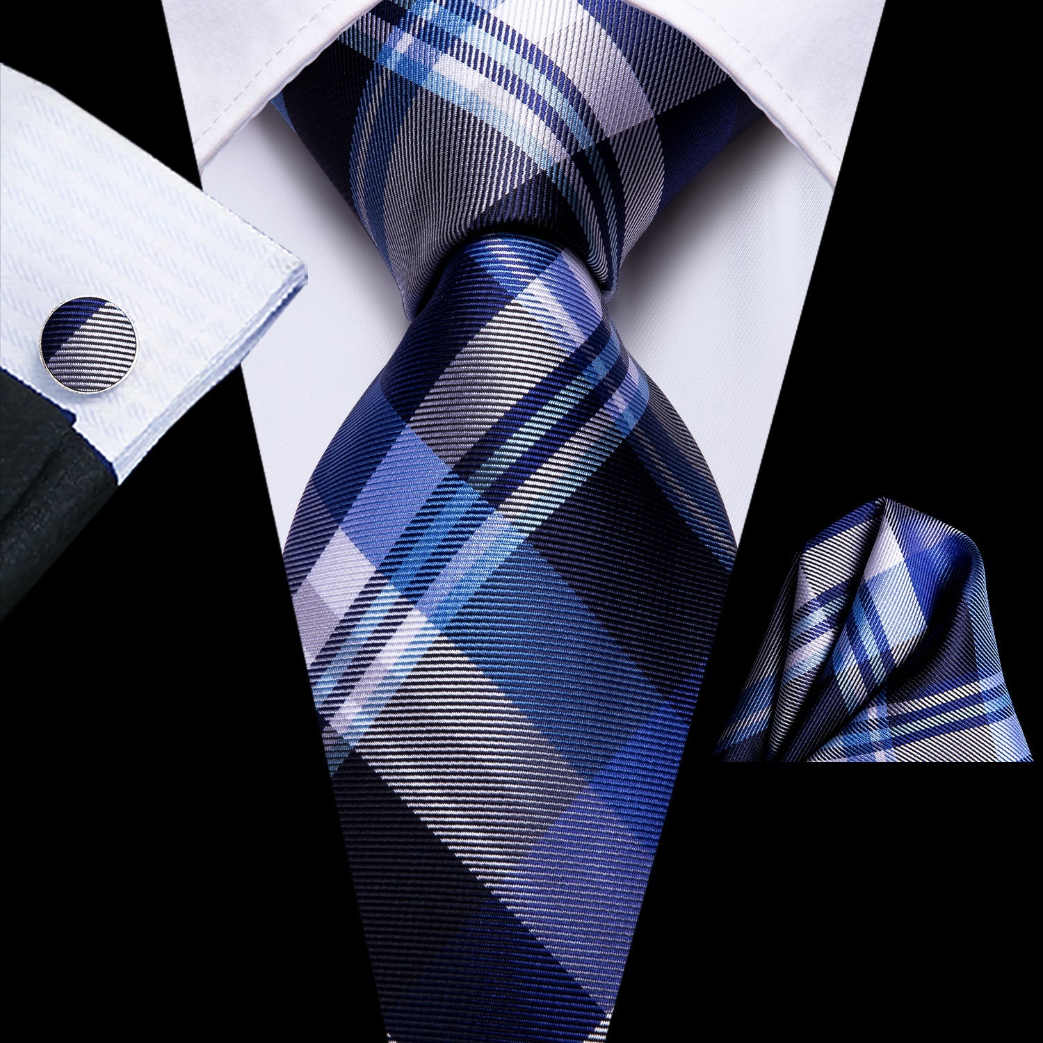 GentCrest Blue Plaid Tie Hanky Cufflinks Set - Image 1