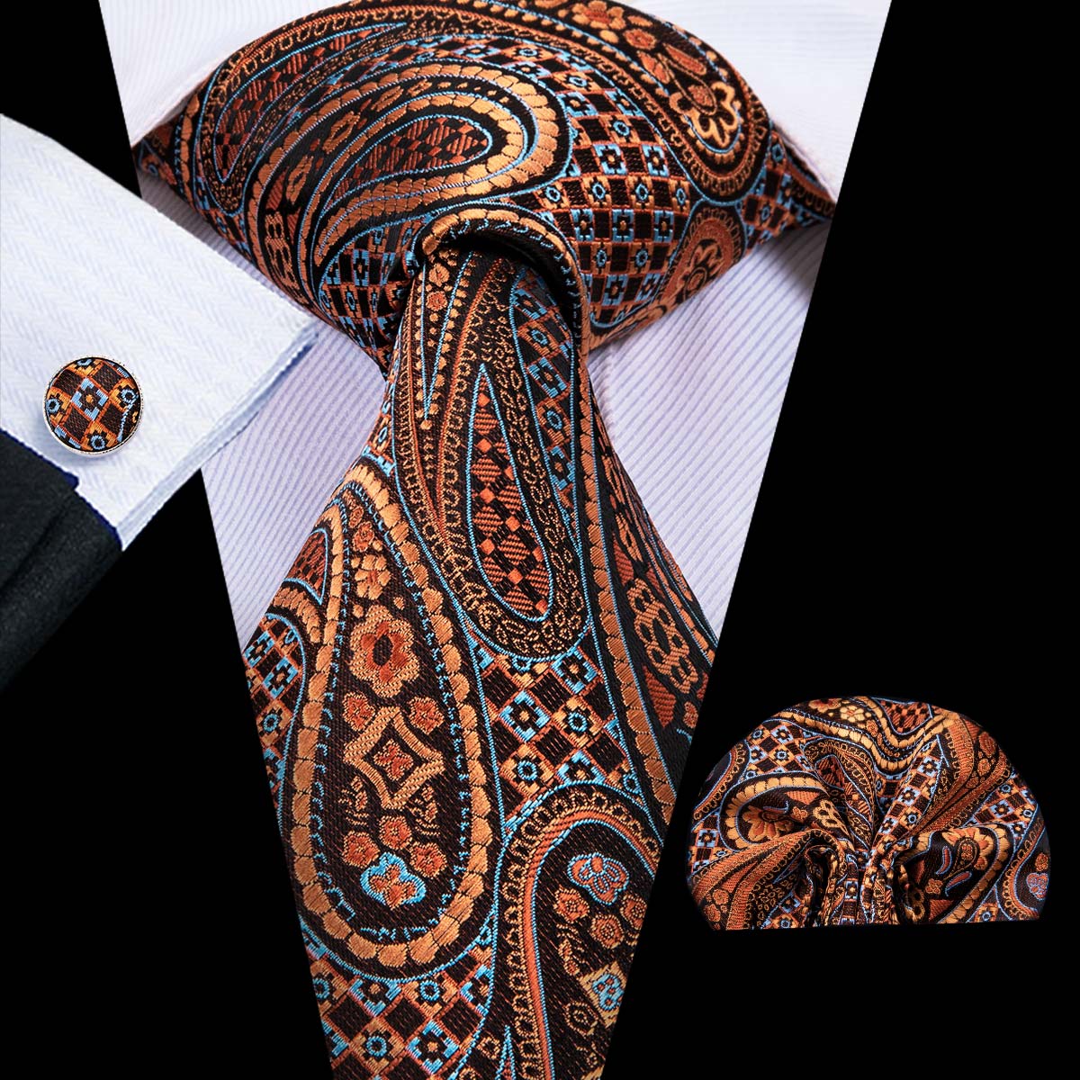 GentCrest Brown Paisley Tie Hanky Cufflinks Set - Image 1
