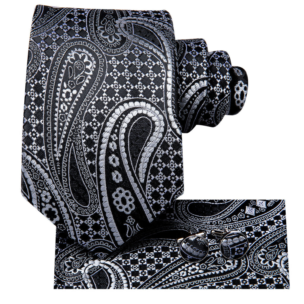 Black & Silver Paisley Silk with Pocket Square and Cufflinks Silk Tie Set - GentCrest - View 2