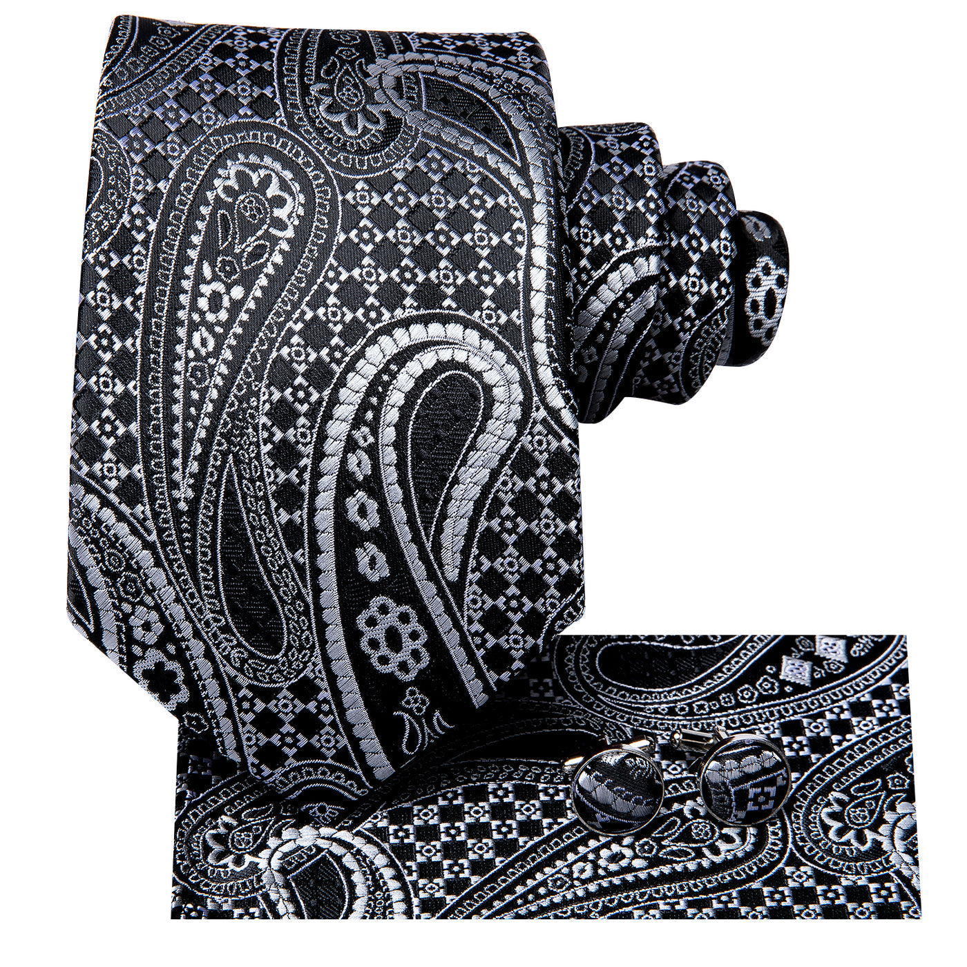 Black & Silver Paisley Silk with Pocket Square and Cufflinks Silk Tie Set - GentCrest - View 2