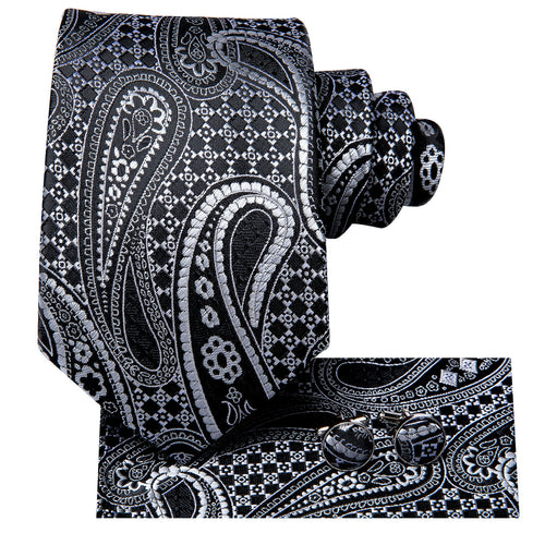 Black & Silver Paisley Silk with Pocket Square and Cufflinks Silk Tie Set - GentCrest - View 2