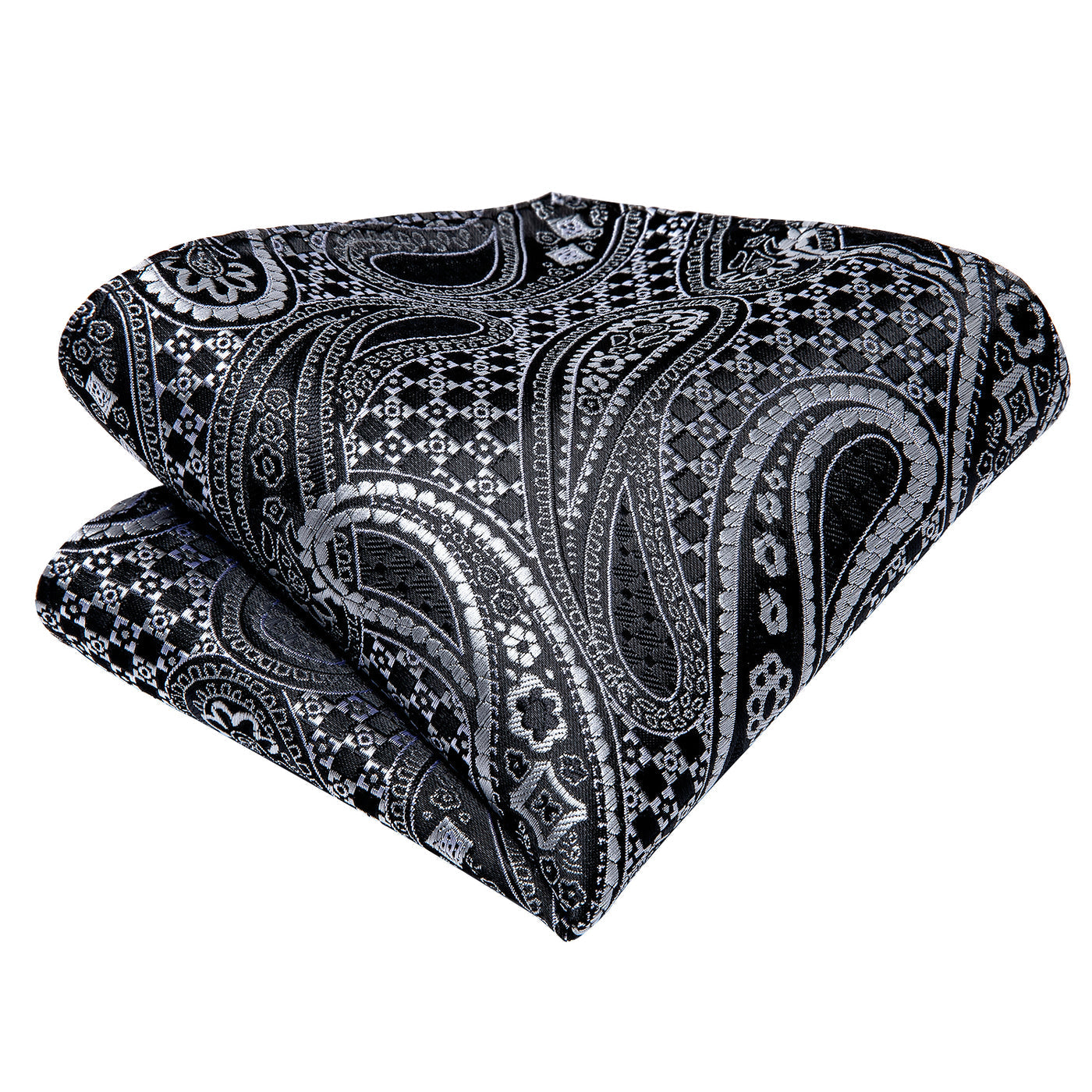 Black & Silver Paisley Silk with Pocket Square and Cufflinks Silk Tie Set - GentCrest - View 3