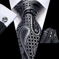 Black & Silver Paisley Silk with Pocket Square and Cufflinks Silk Tie Set - GentCrest
