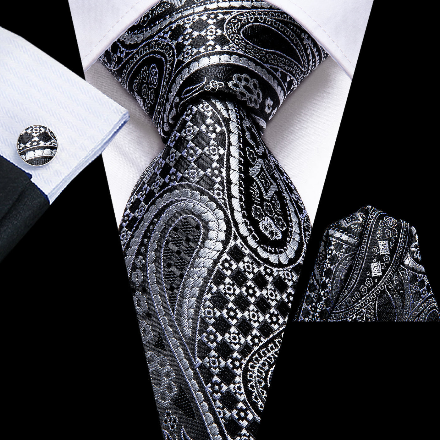 Black & Silver Paisley Silk with Pocket Square and Cufflinks Silk Tie Set - GentCrest
