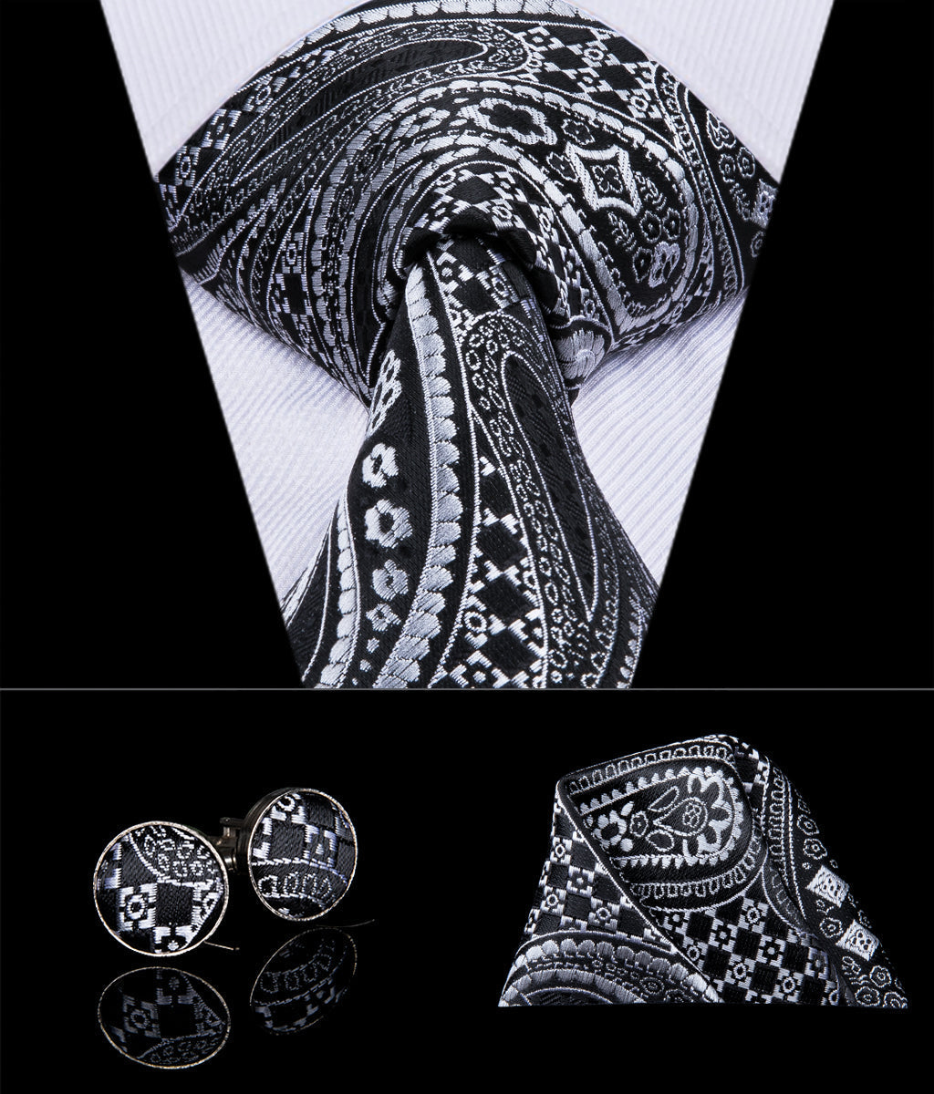 Black & Silver Paisley Silk with Pocket Square and Cufflinks Silk Tie Set - GentCrest - View 4
