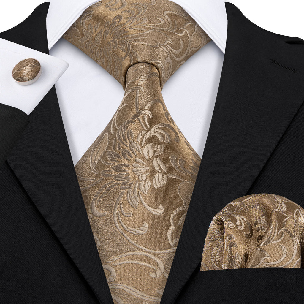 Champagne Gold Floral Silk Tie Set - GentCrest - View 4