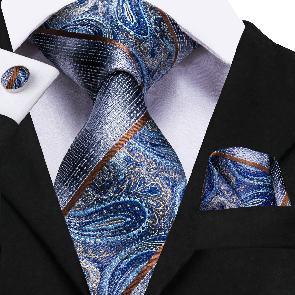 GentCrest Blue Paisley Tie Hanky Cufflinks Set - Image 1
