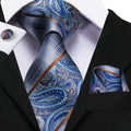 Blue & Silver Paisley Silk with Brown Accents Silk Tie Set - GentCrest