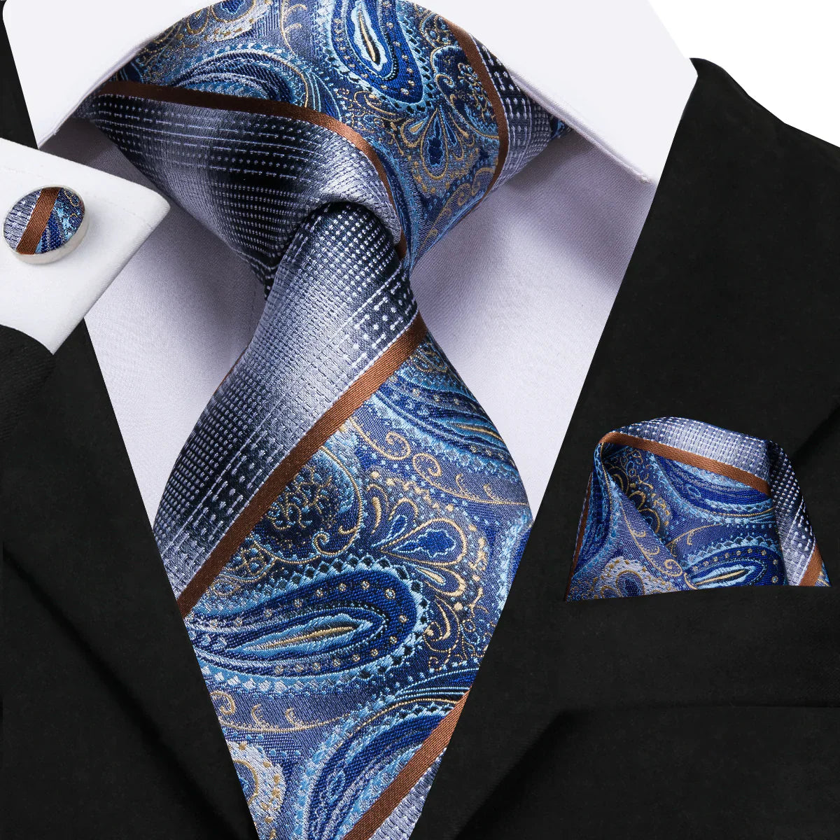 Blue & Silver Paisley Silk with Brown Accents Silk Tie Set - GentCrest