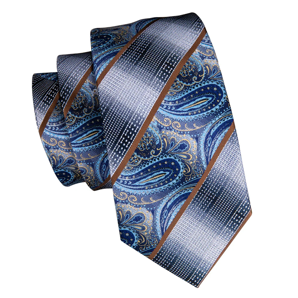 Blue & Silver Paisley Silk with Brown Accents Silk Tie Set - GentCrest - View 4