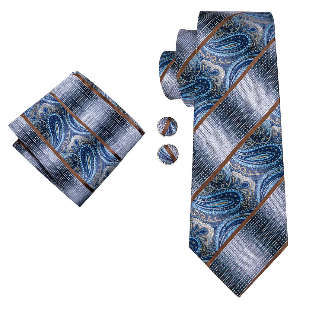 Blue & Silver Paisley Silk with Brown Accents Silk Tie Set - GentCrest - View 2