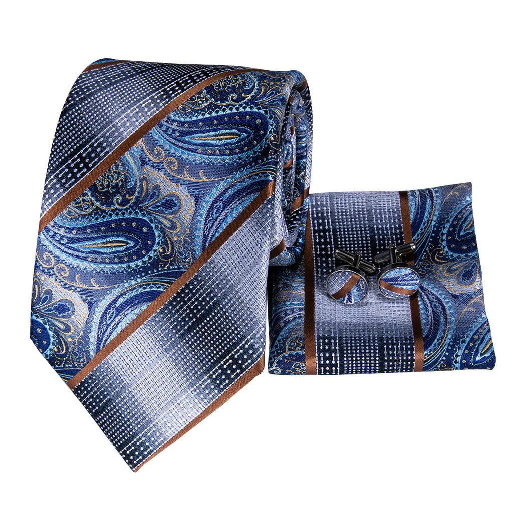 Blue & Silver Paisley Silk with Brown Accents Silk Tie Set - GentCrest - View 3
