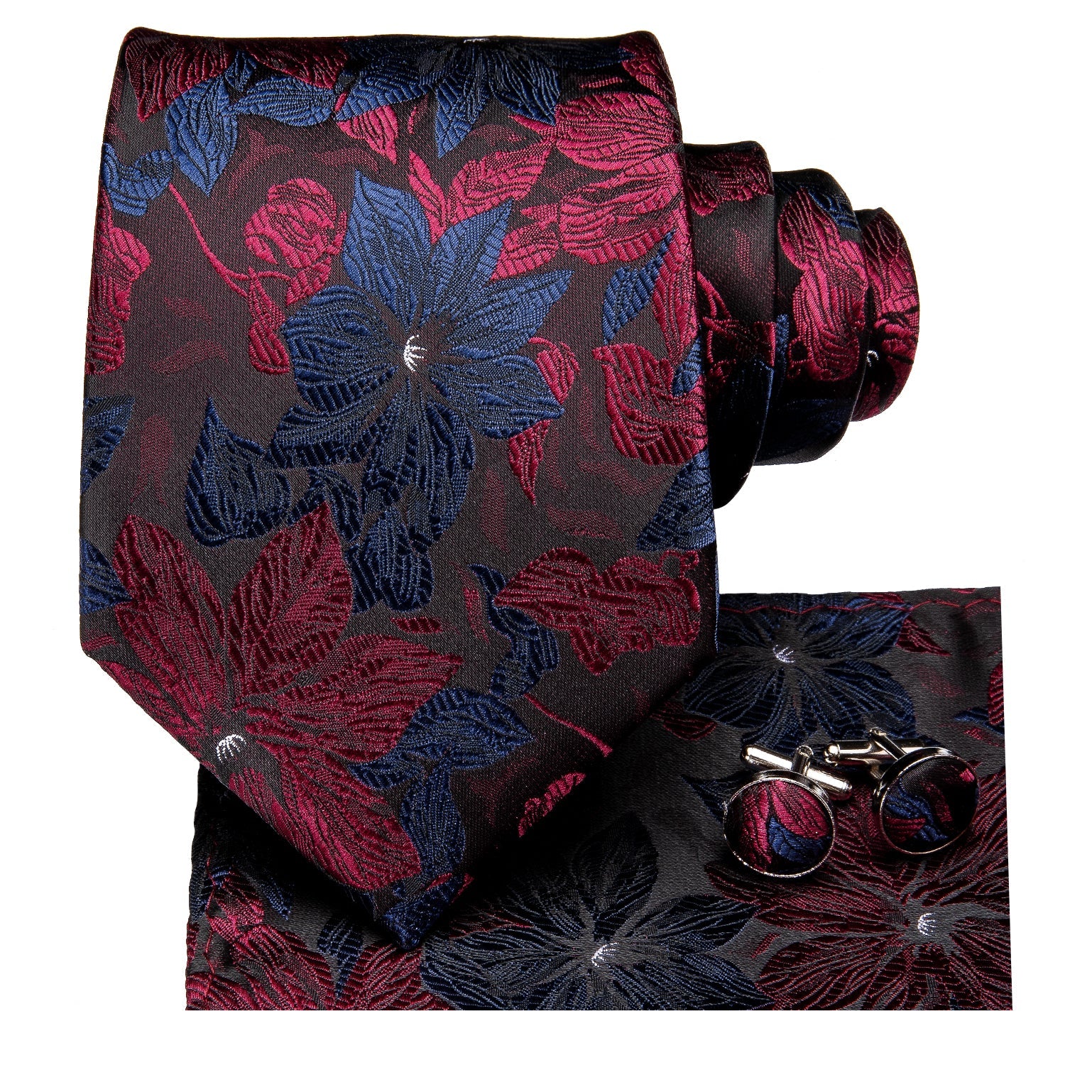 GentCrest Black Floral Tie Hanky Cufflinks Set - Image 2