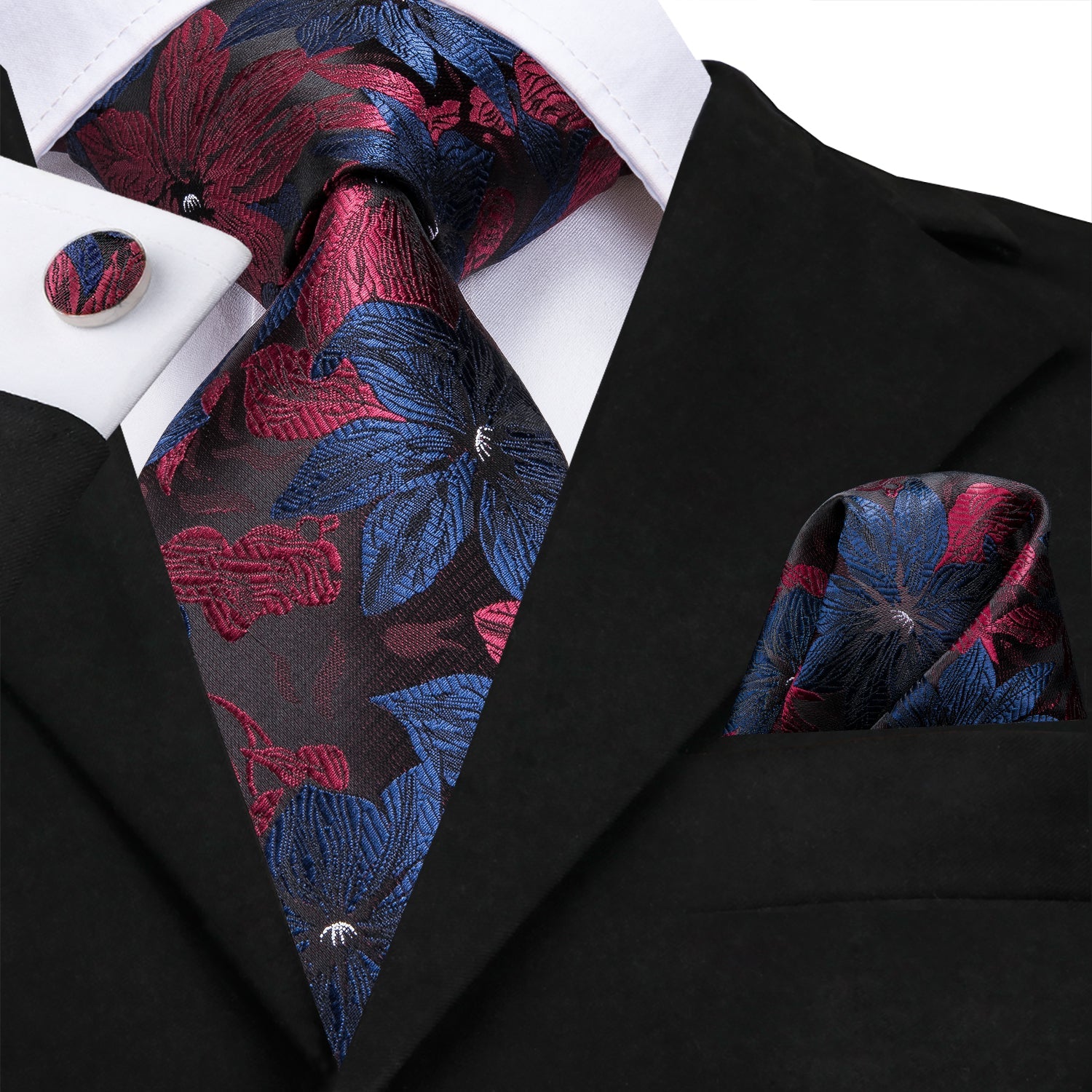 GentCrest Black Floral Tie Hanky Cufflinks Set - Image 1