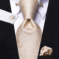 GentCrest Mens Champagne Tie Paisley Jacquard Tie Hanky Cufflinks Set With Collar Pin