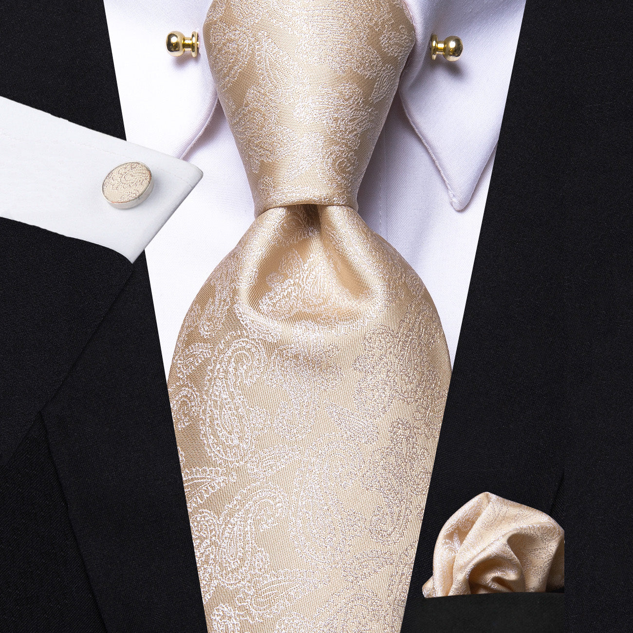 GentCrest Mens Champagne Tie Paisley Jacquard Tie Hanky Cufflinks Set With Collar Pin