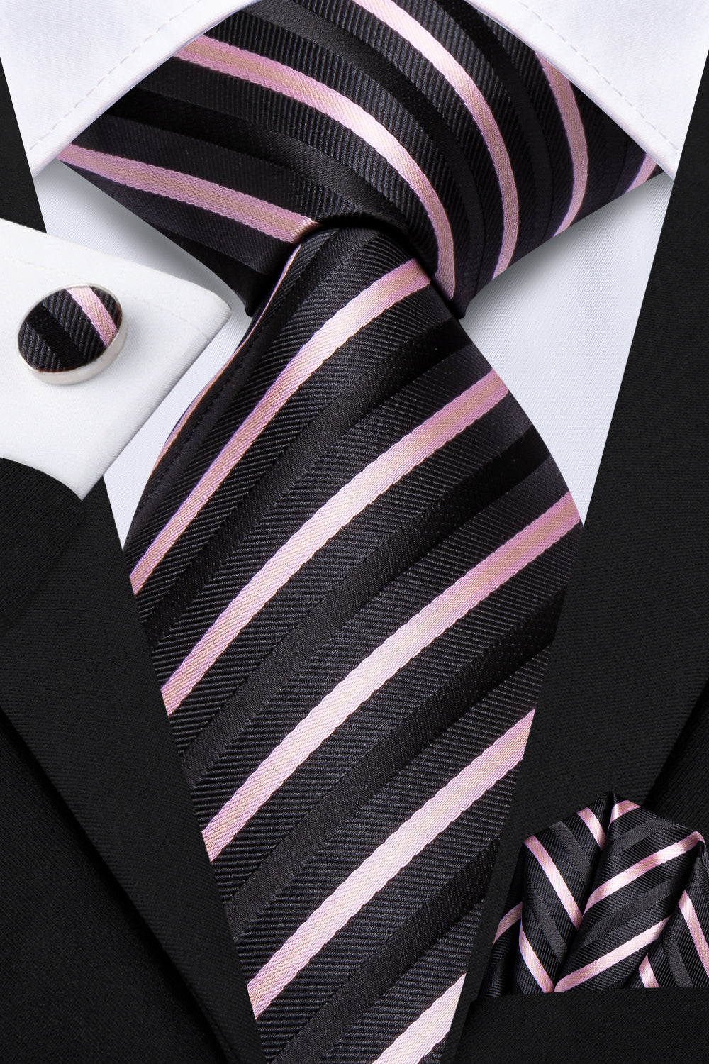 GentCrest Black Striped Tie Hanky Cufflinks Set - Image 2