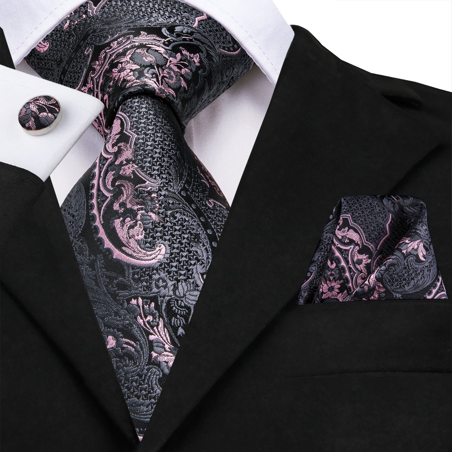 GentCrest Pink Paisley Tie Hanky Cufflinks Set - Image 1