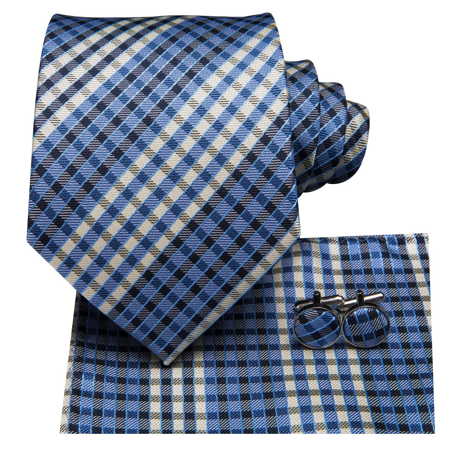 GentCrest Blue Plaid Tie Hanky Cufflinks Set - Image 3