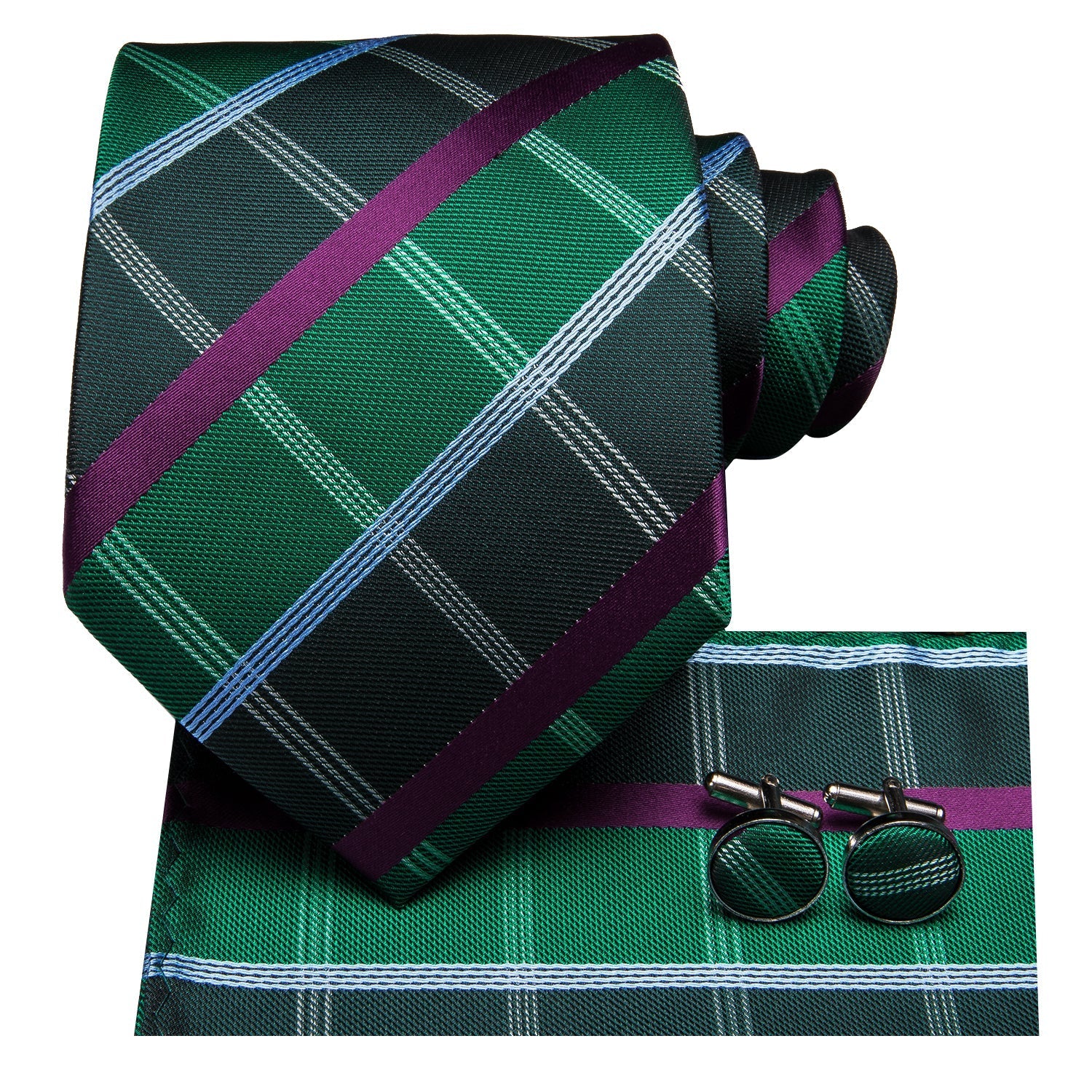 Green and Purple Plaid Silk Tie Set - GentCrest - View 2