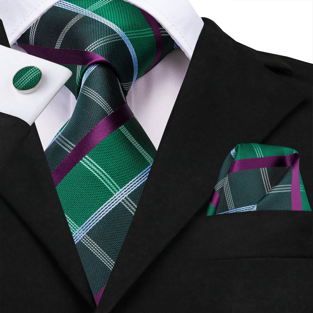GentCrest Green Plaid Tie Hanky Cufflinks Set - Image 1