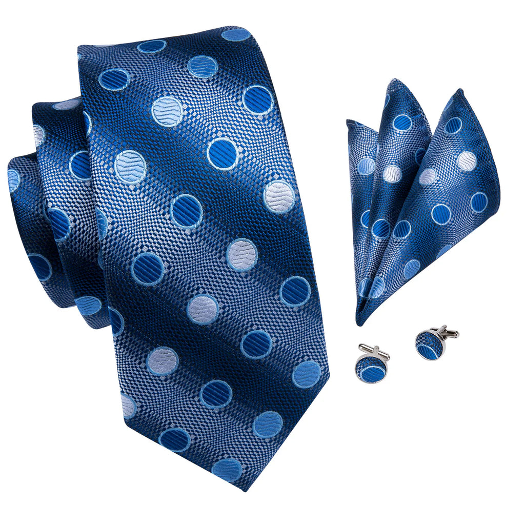 Royal Blue Polka Dot Silk with Pocket Square & Cufflinks Silk Tie Set - GentCrest - View 2