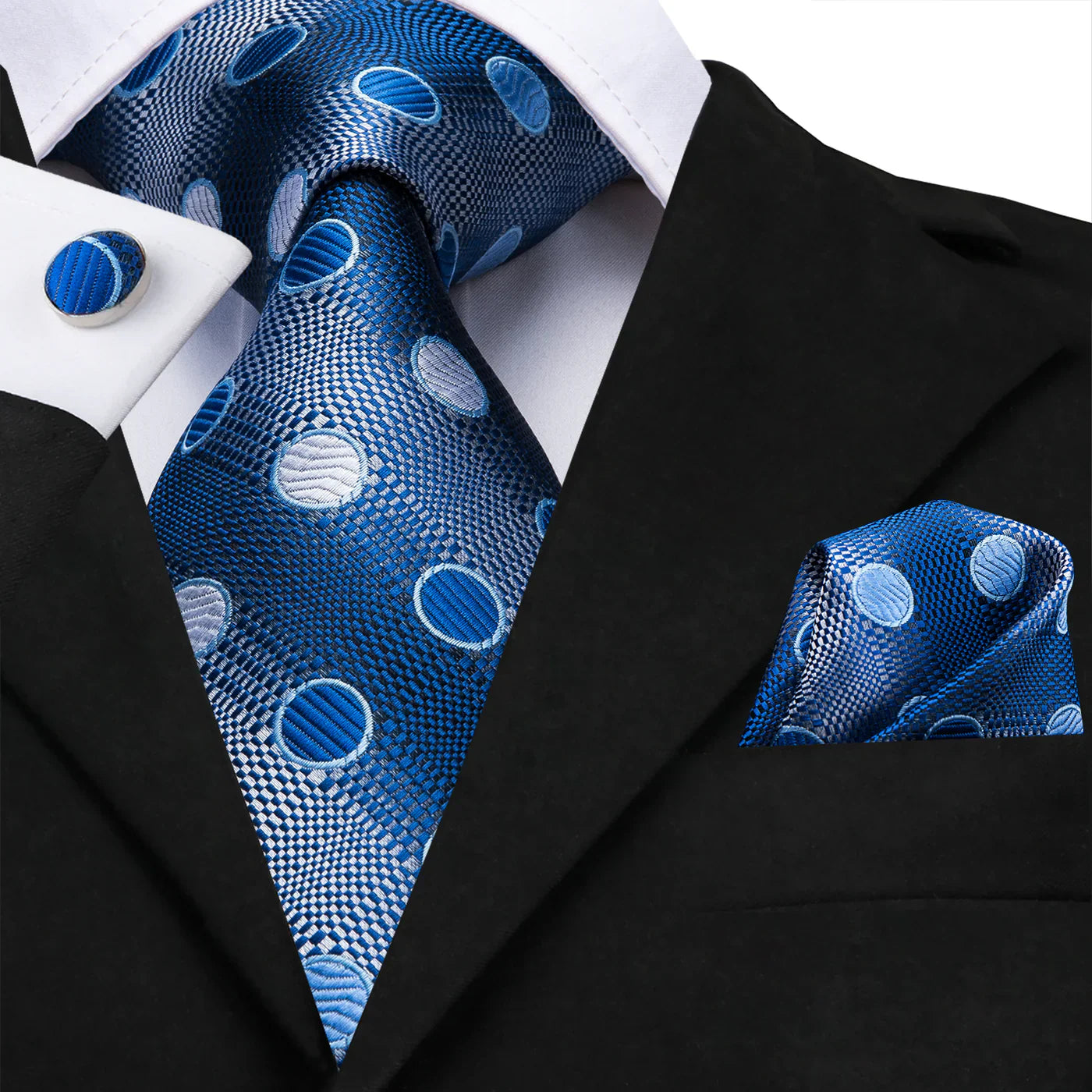 Royal Blue Polka Dot Silk with Pocket Square & Cufflinks Silk Tie Set - GentCrest