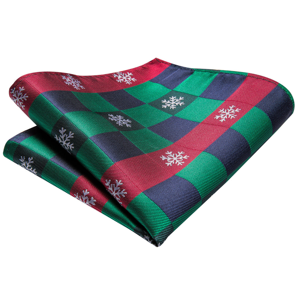 Green & Red Check Tie with Snowflake Motif, Pocket Square & Cufflinks Silk Tie Set - GentCrest - View 7