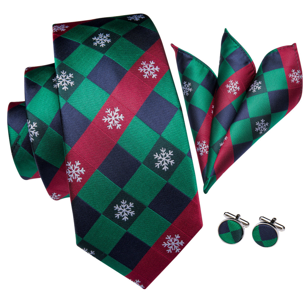 Green & Red Check Tie with Snowflake Motif, Pocket Square & Cufflinks Silk Tie Set - GentCrest - View 2