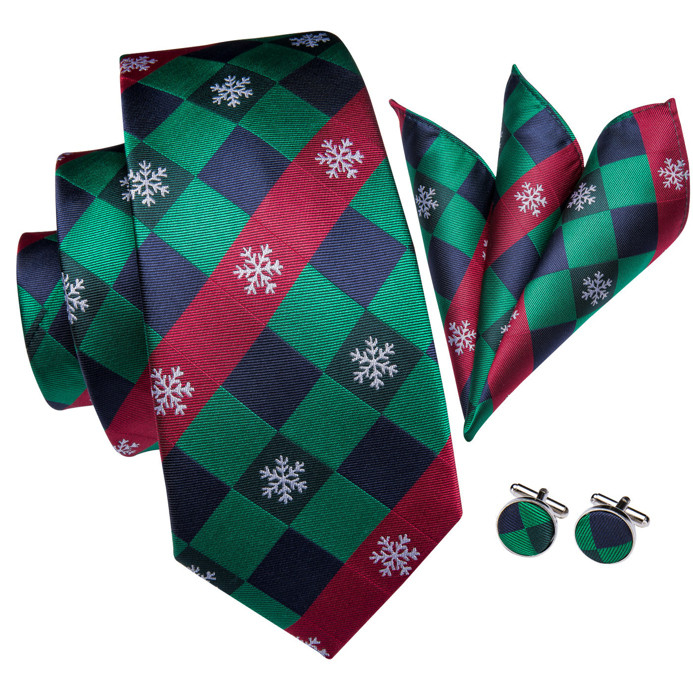 Green & Red Check Tie with Snowflake Motif, Pocket Square & Cufflinks Silk Tie Set - GentCrest - View 2