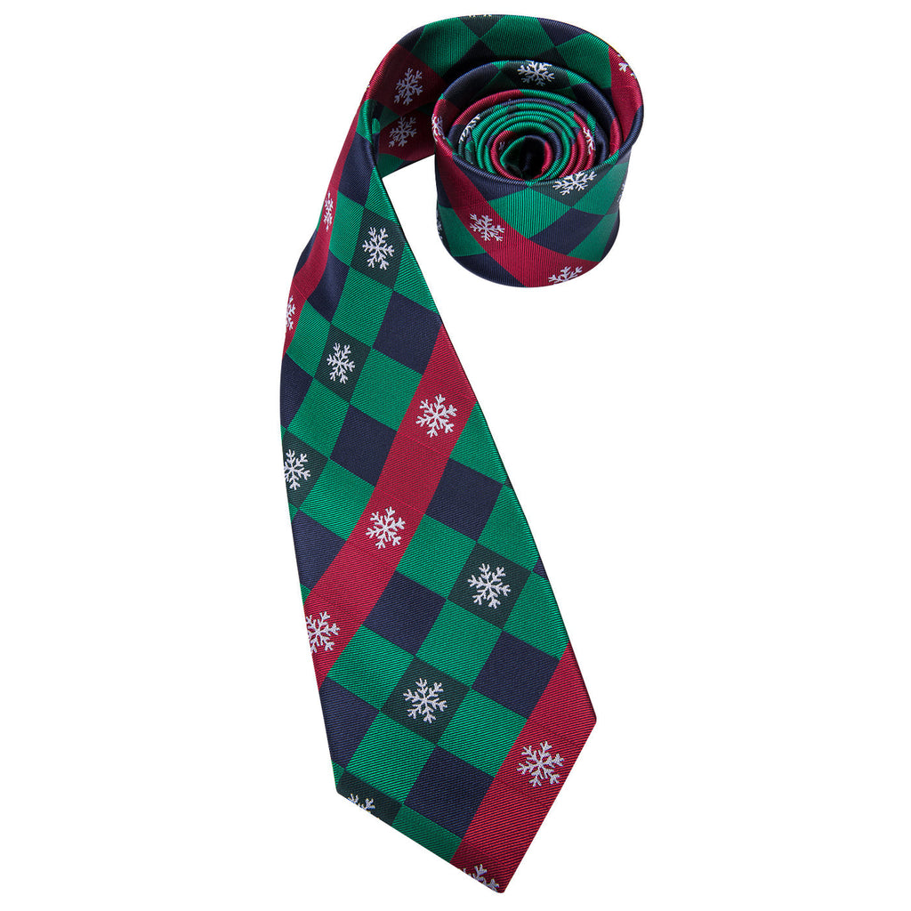 Green & Red Check Tie with Snowflake Motif, Pocket Square & Cufflinks Silk Tie Set - GentCrest - View 4