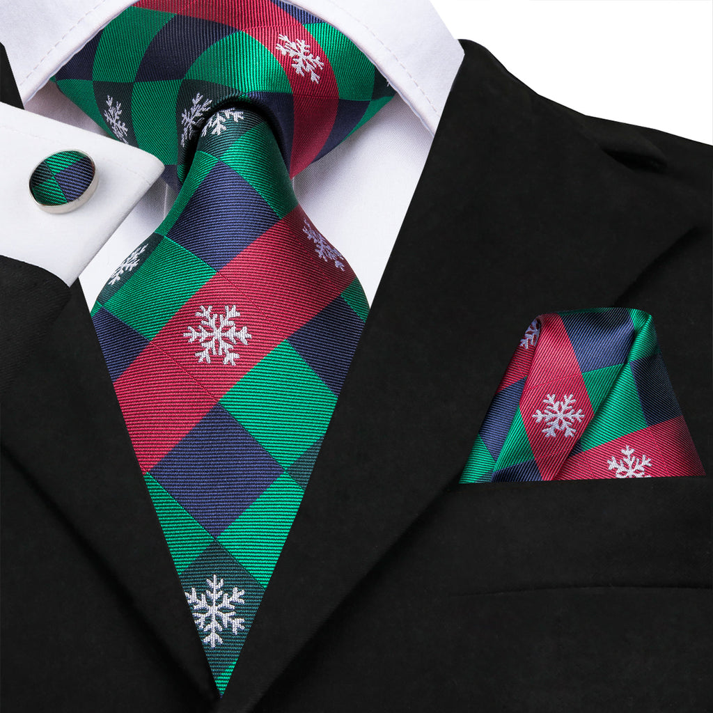 Green & Red Check Tie with Snowflake Motif, Pocket Square & Cufflinks Silk Tie Set - GentCrest