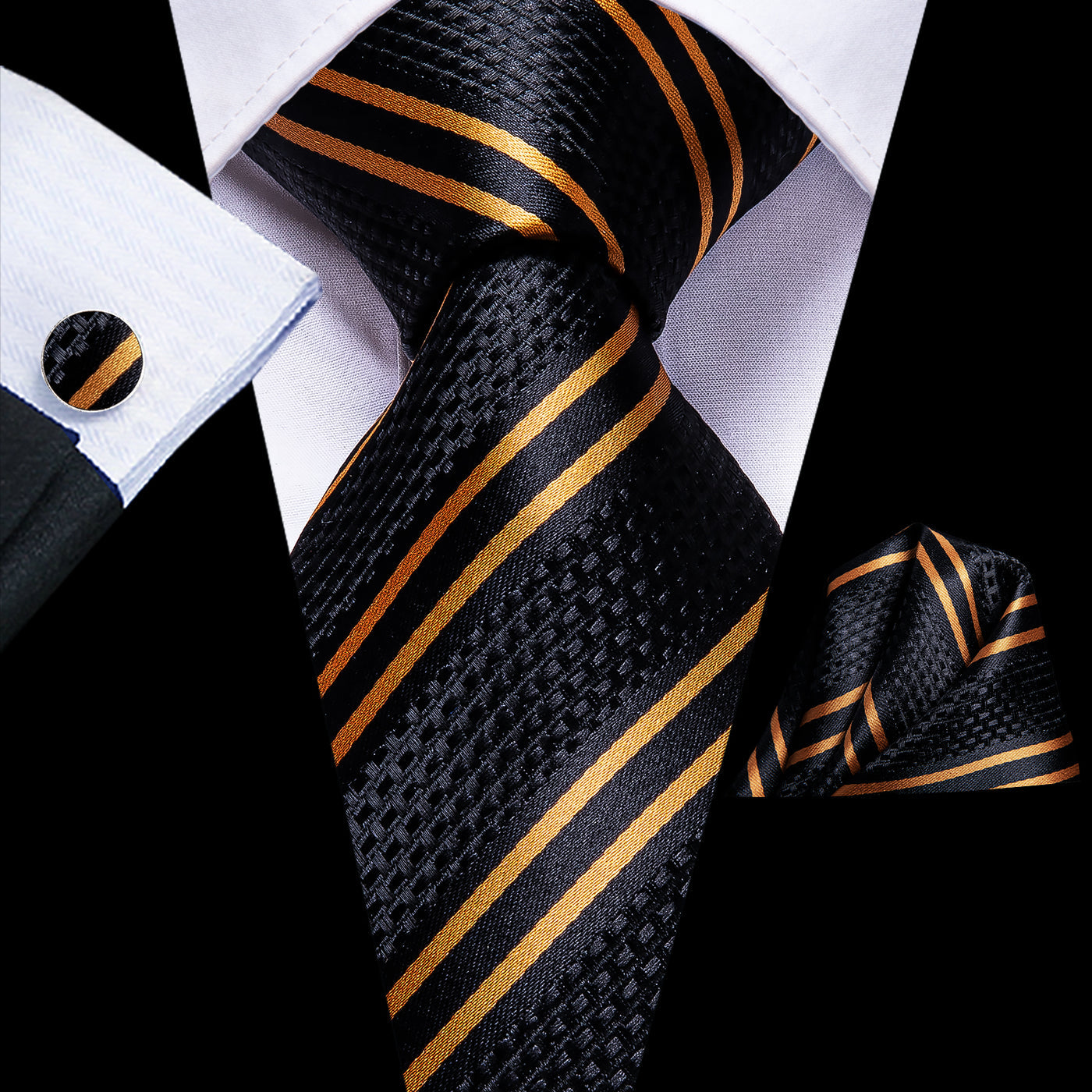 Luxury Black Double Stripe Necktie Silk Tie Set - GentCrest