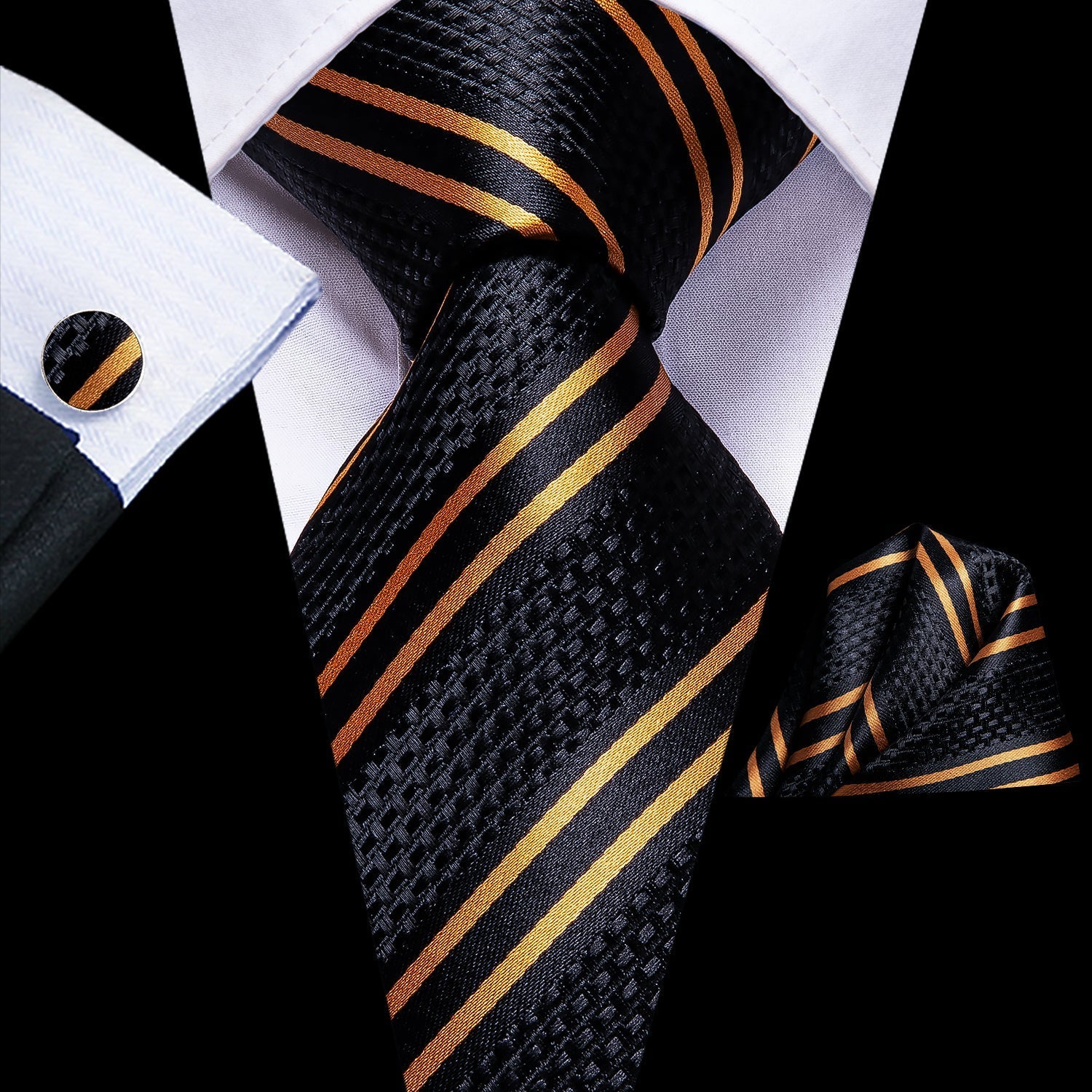 GentCrest Black Striped Tie Hanky Cufflinks Set - Image 1