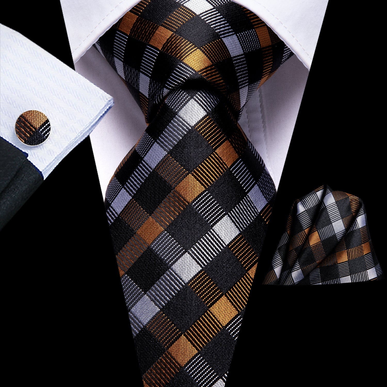 GentCrest Black Plaid Tie Hanky Cufflinks Set - Image 1