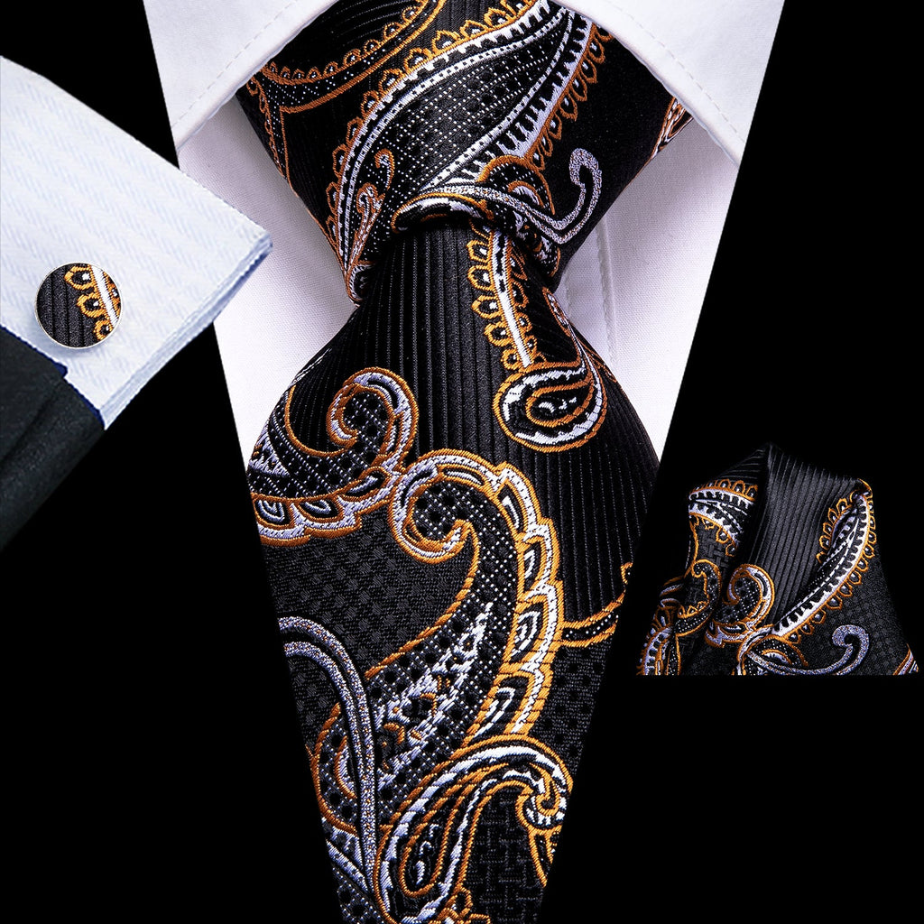 GentCrest Black Paisley Tie Hanky Cufflinks Set - Image 1